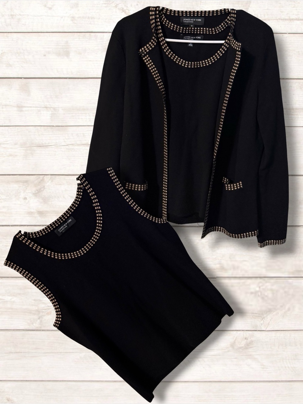 🌼Jones New York Cardigan & Sleeveless Sweater Set, Gold Trim on Black